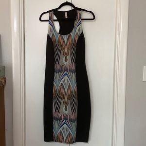Fitted color block dress with colorful print
